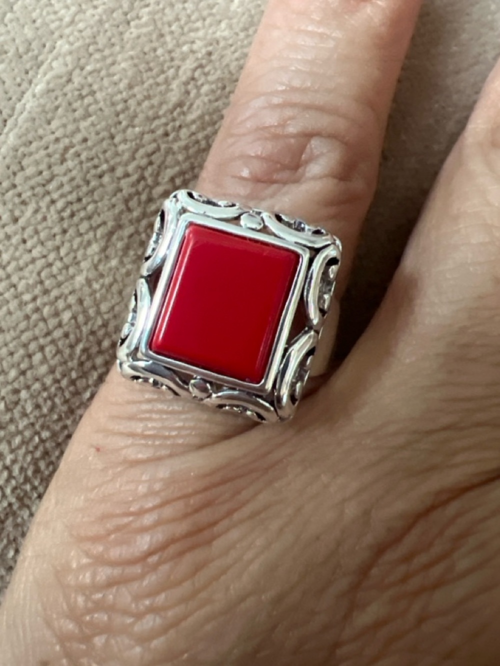 Silver Tone Red Square Statement Ring Size 5.25 4.75